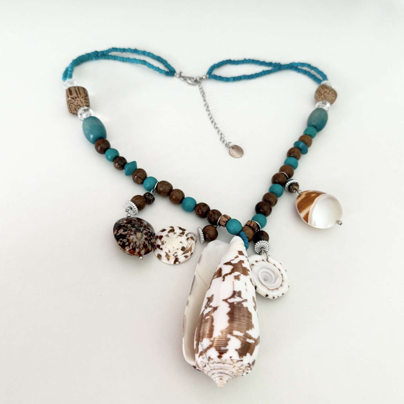 Vintage Blue Beaded Brown Wooden Chunky Sea Shell Charm Statement Necklace