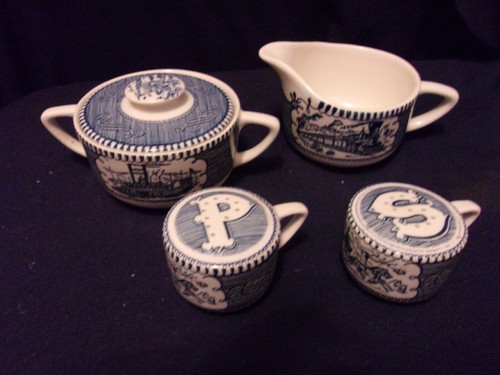 Vintage blau und weiß Currier und Ives Milchkännchen, Zucker & Deckel, Salz Pfefferstreuer