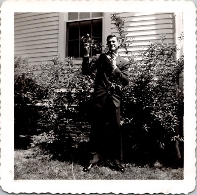 Vtg Photo 1954 Handsome Man Suit Smiling House Garden Silly Pose Dressed Up Tie