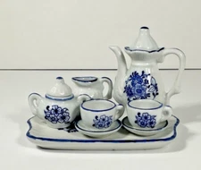 Vintage Andrea by Sadek 10 piece miniature doll tea set.  Blue/White