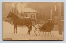 RPPC Horse Sleigh Ride Father & Child First Baptist Church Haverhill MA Postcard