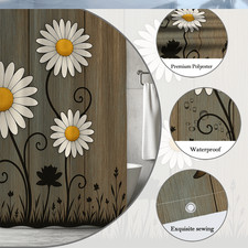 Floral Shower Curtain with Daisy Design on Rustic Wood Background