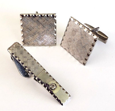 Vintage Square Cufflinks Clear Rhinestone Tie Bar Clasp Textured Silver Tone Set