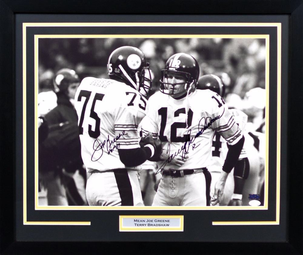 TERRY BRADSHAW & JOE GREENE SIGNED PITTSBURGH STEELERS 16x20 FRAMED PHOTO JSA 