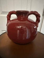 Vintage Art Pottery Red / Crimson Drip Glazed Double Handle Vase / Pitcher