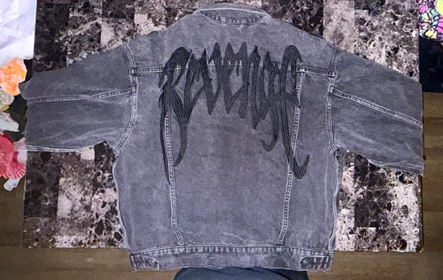 OFFICIAL Revenge Grey Washed Denim Jacket Embroidered Back Graphic Medium - product listing photo