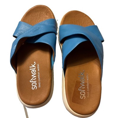 SoftWalk Leather Slide Sandals Women s 8.5 Blue Comfort Crisscross New NWOB