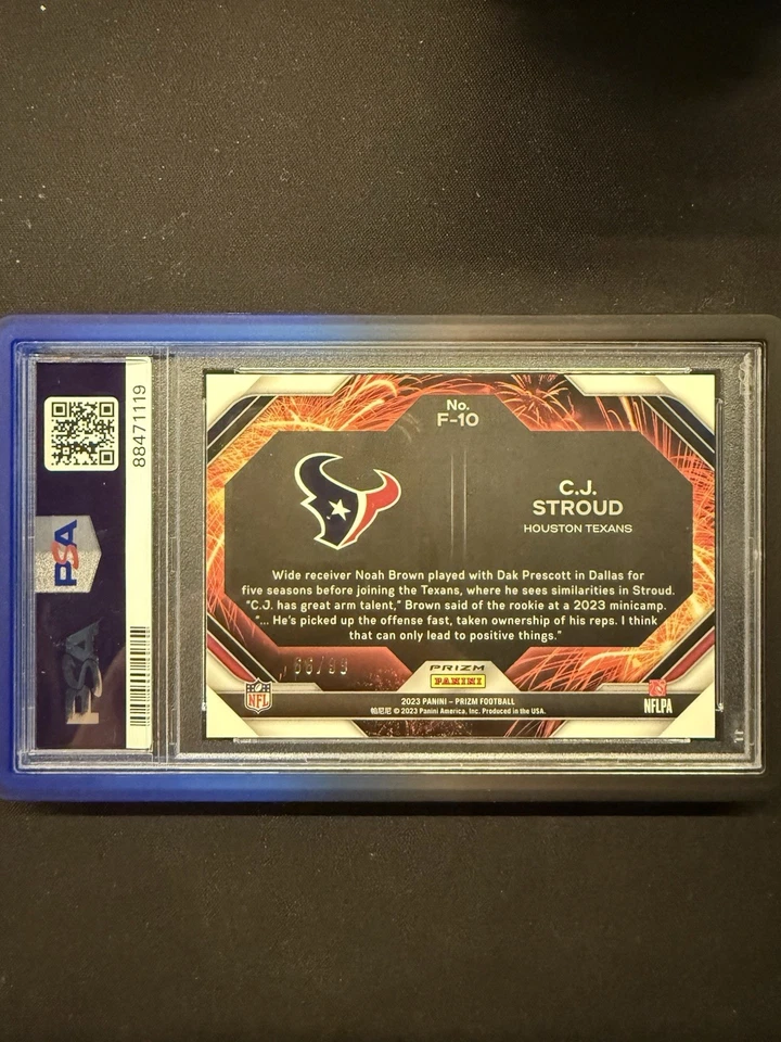 2023 Panini Prizm CJ Stroud Fireworks #F-10 Blue Ice 66/99 PSA 10 Gem Mint RC QB - Image 3 of 4