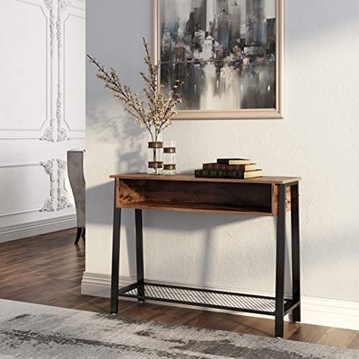 RUSTIC BROWN - VASAGLE INDUSTRIAL SOFA TABLE, CONSOLE TABLE WITH MESH SHELF AND