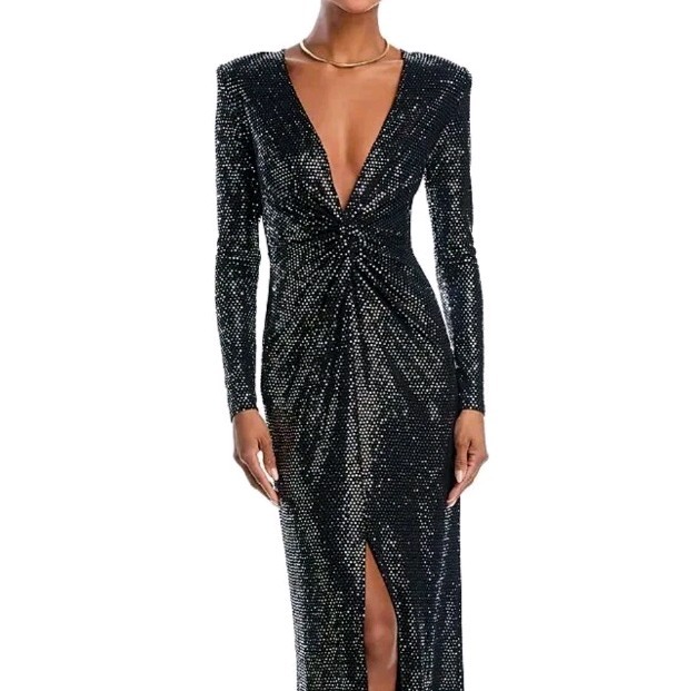 L'Agence Women’s 4 Black Silver Sequin Mirror Dot Gown MSRP $550