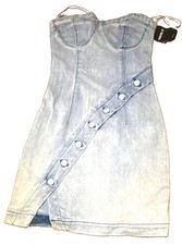 FOREVER 21 Blue Denim Strapless Sweetheart Button Front Bodycon Dress S