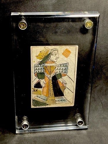 Tarjeta de juego antigua de bloques de madera auténtica de la corte de la reina real histórica de 1700 - Imagen 10 de 22