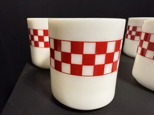 Ralston Purina RP Co Vintage Checkered Milk Glass Coffee Cups Set of 7 1950s USA