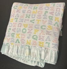 Vintage 1990s Baby Blanket Pastel ABC Alphabet Satin Trim 44"x36"