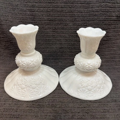 Fenton White Milk Glass Daisy & Button Candle Holders