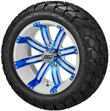 (4) Golf Cart 22x10-14 Trail Fox A/T Tires on 14x7 White/Blue Tempest Wheels