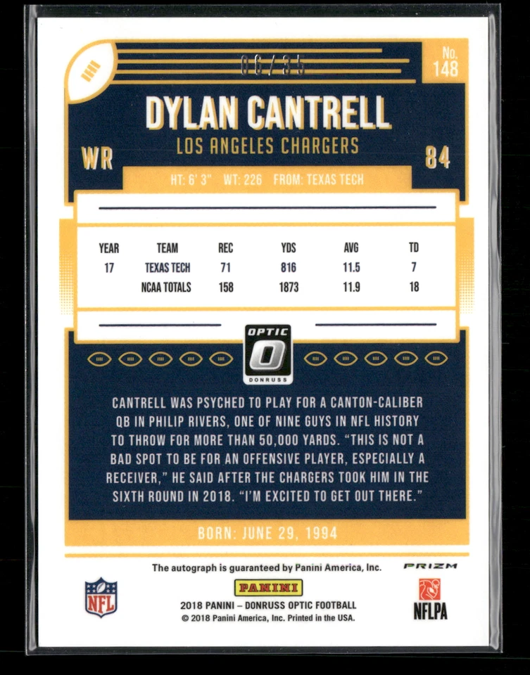 Dylan Cantrell 2018 Optic Purple Prizm RC Auto 6/35 #148 - Image 2 of 2