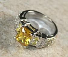 SILVER Elegant Yellow Citrine  White Topaz Rectangular Ring WR21110