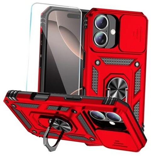 for iPhone 16 Case with HD Screen Protector & Slide Camera Cover & Rotated Red