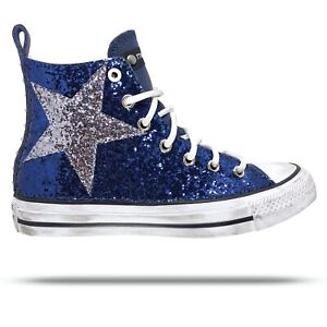 Converse All Star Chuck Taylor Personalizzate Borchie e Glitter Blu e Nero  | eBay