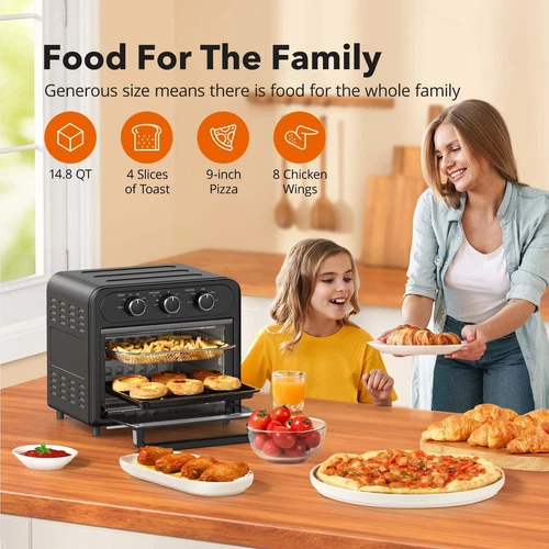 14.8QT Air Fryer Oven – 1700W 5-in-1 Oil-Less Cooker, Stainless Steel, Black