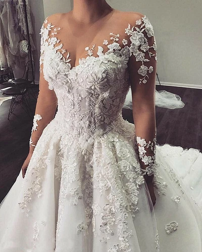 Vintage Lace Appliques Wedding Dresses Long Sleeves A Line V Neck Bridal Gowns - Picture 2 of 8