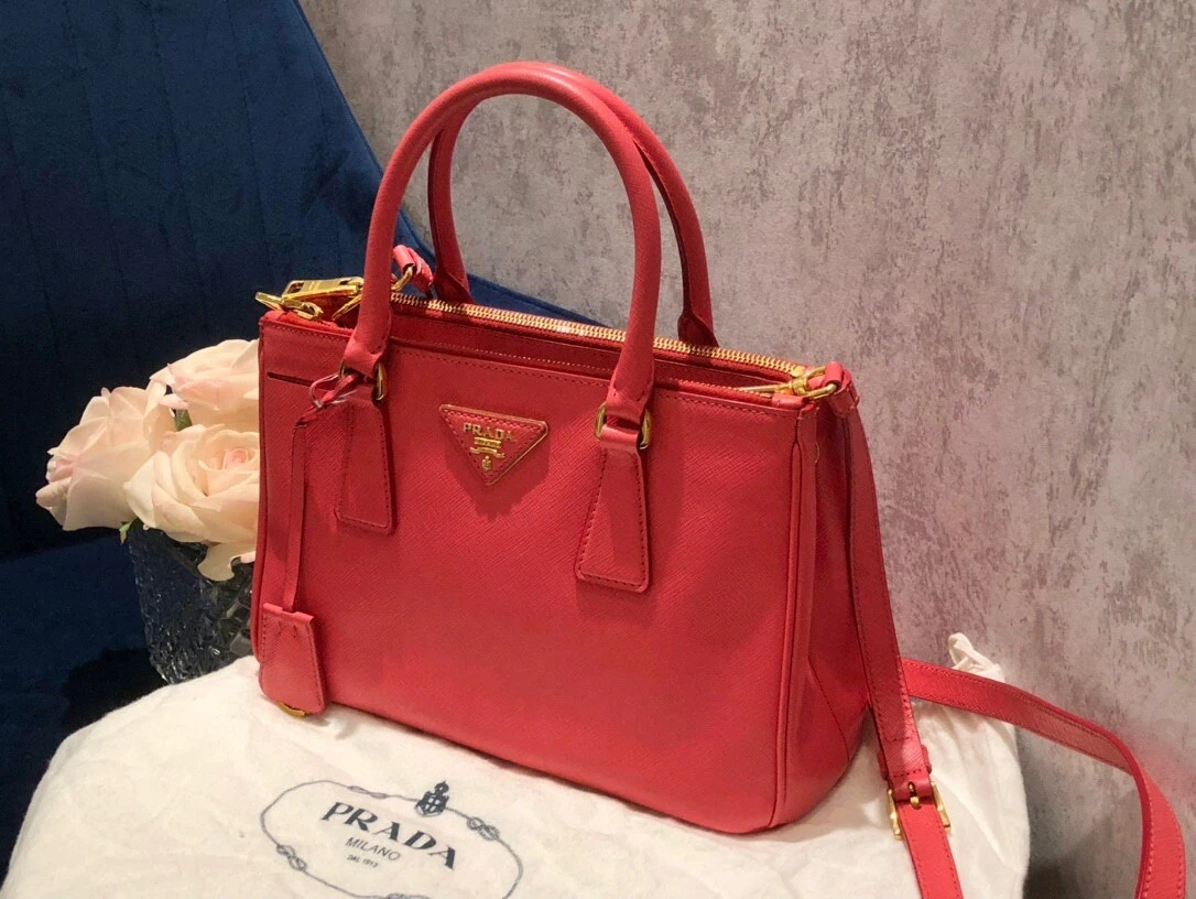 AUTH PRADA PINK SAFFIANO LEATHER GOLD HW DOUBLE ZIPPER BAG