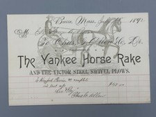 Rastrillo de caballo Yankee 1892 Massachusetts barra ilustrada antigua publicidad de granja