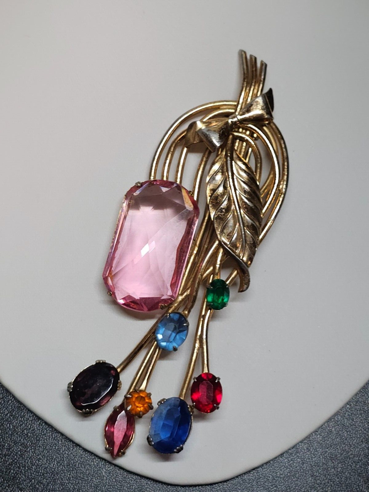 HUGE 4.5" Vtg 1930s 40s Colorful Pink Faceted Glass Dress Fur Clip Brooch Pin