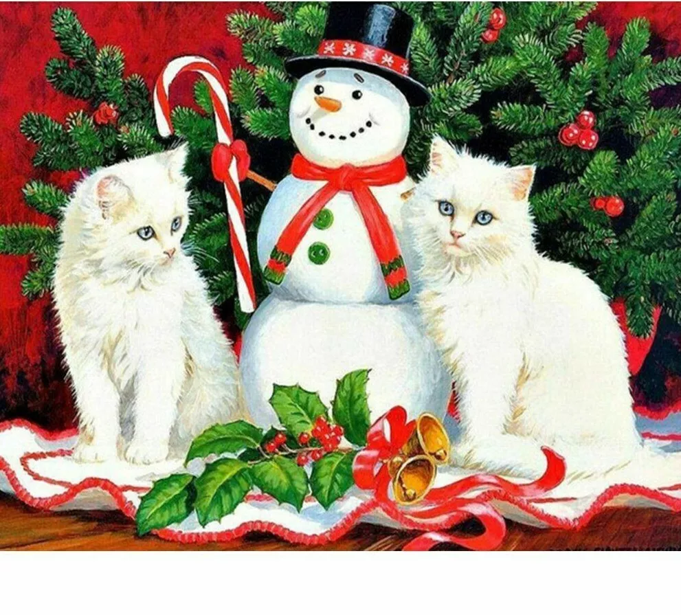 Diamond Painting White Cats And Cute Snowman Design Embroidery House  Decorations