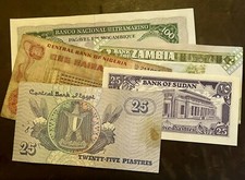 Selezione di banconote africane da Egitto, Nigeria, Sudan, Zambia e Mozambico