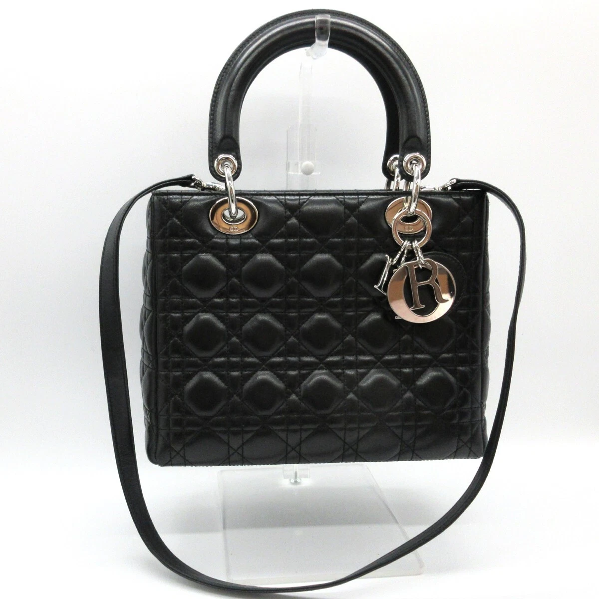 Sac fourre tout à main CHRISTIAN DIOR Lady Cannage cuir noir argent Italie M537