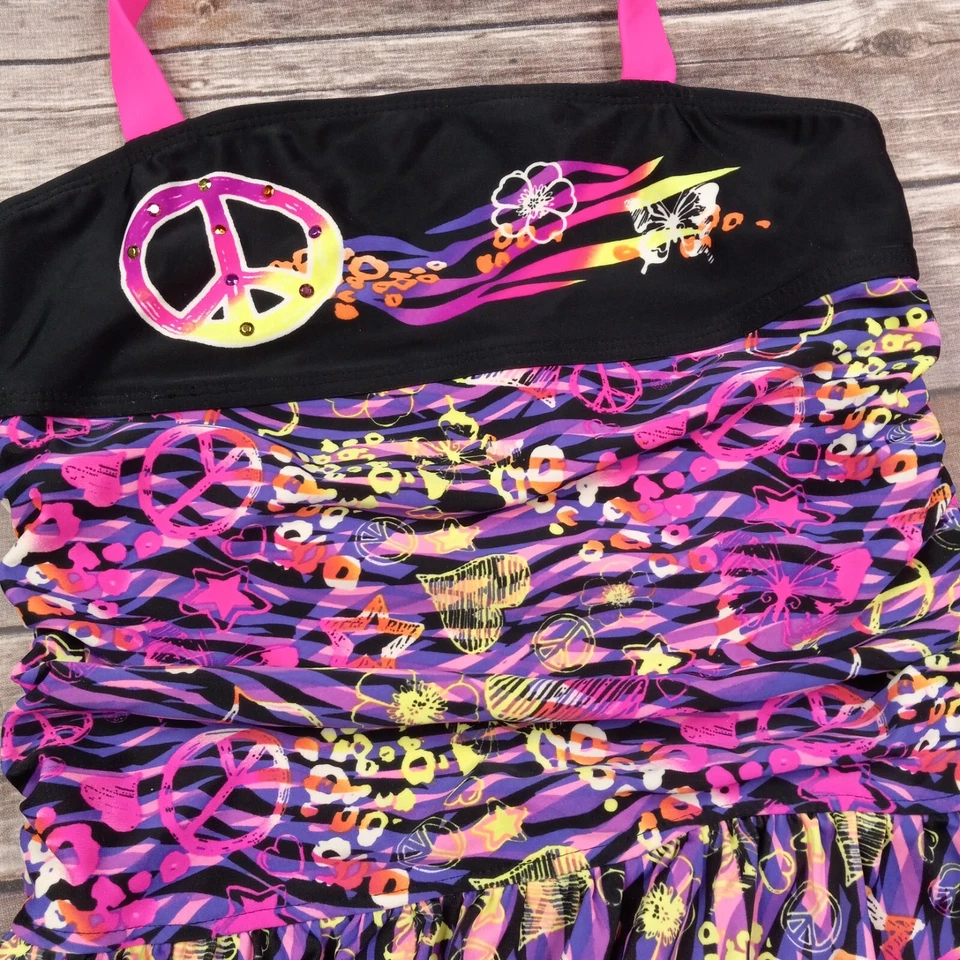 OP Ocean Pacific Girls Large 10 - 12 One Piece Swimsuit Peace Signs Hearts Pink  - Image 2 of 4