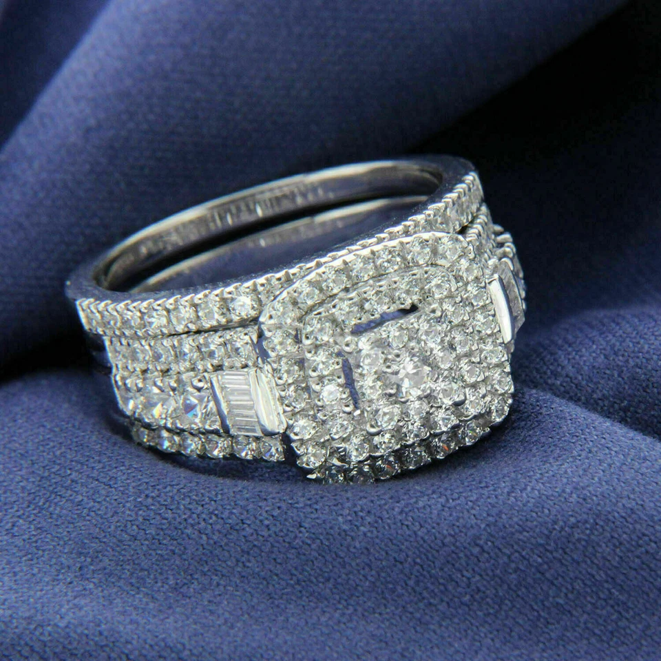 3ct Round Lab Created Diamond Engagement Wedding Halo Ring Set 14k Gold Plated - Image 4 of 4