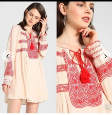 Women's Boho Free People Embroidered  Mini Dress XS Winf Willow Beige/Red