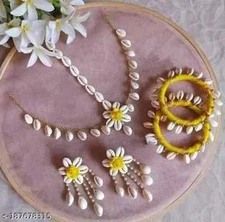 Yellow Flower Jewellery, with Maang Tika and Earrings, Bangles (2.5 inches )