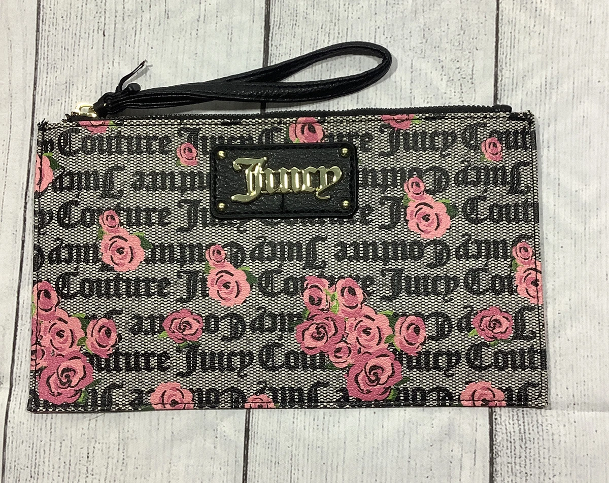 Juicy Couture Logo PINK BLOOM BLACK Forget Furget Me Not Wristlet