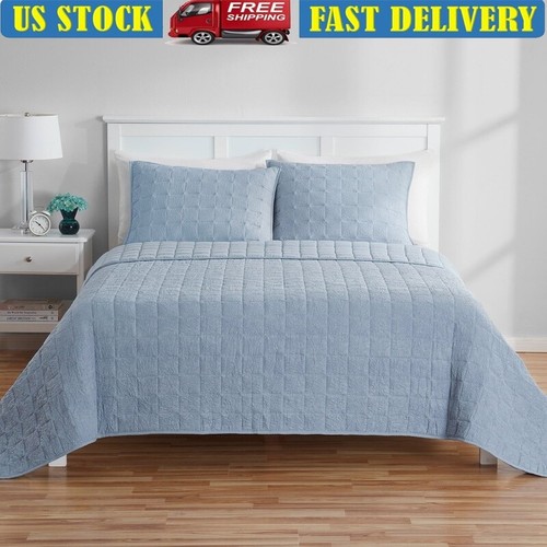 Solid Blue Crinkle Box Soft Wash Microfiber Quilt Cozy Adult Bedding Full Queen