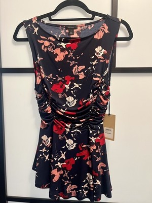 NWT Beautiful Halogen Women's Sleeveless Blue Floral Ruched Top | Size: Small