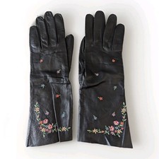 Vintage Unused Chevreau 1950s Blk Kid Leather Matinee Gloves France Embroidered