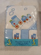 Spasilk Hooded Towel And Washcloths Bath Set Baby Infant Blue Train Clouds NEW