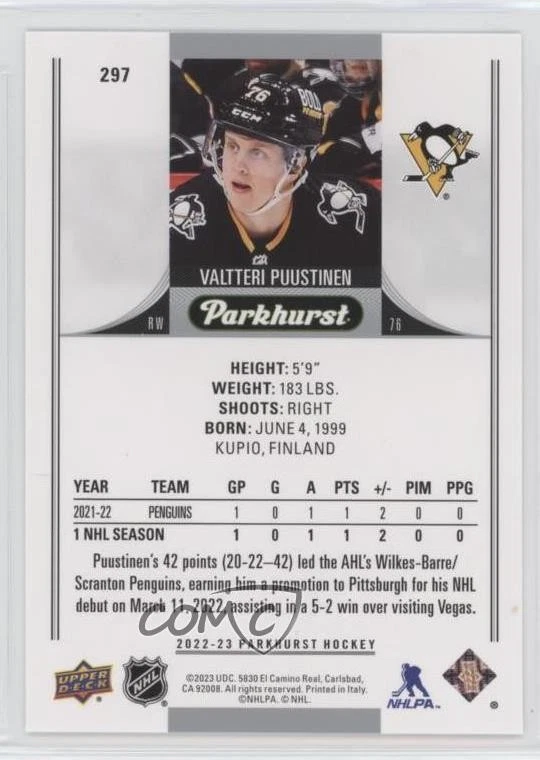 2022-23 Upper Deck Parkhurst Rookies Gold Foil Valtteri Puustinen #297 Rookie RC - Image 2 of 2