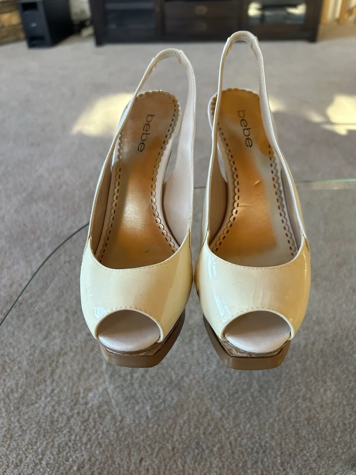 Bebe Peep Toe Slingback High Heels Ivory Patent Leather - image 2 of 4