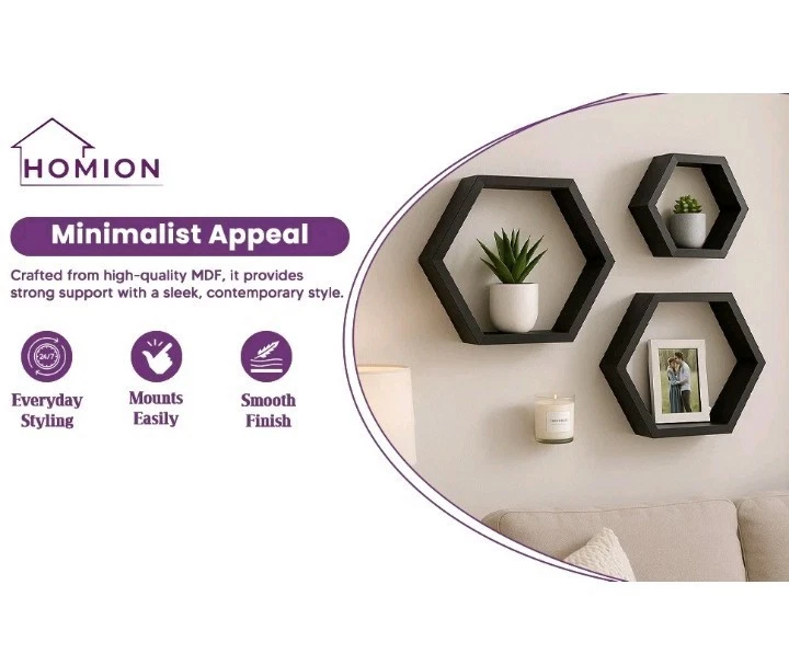 3PCS Hexagon Floating Shelves Honeycomb Shelves for Living Room Bedroom Black