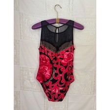 VTG Black Mesh High Neck Red Gold Threaded Boho Whimsigoth One Piece Swim Size M