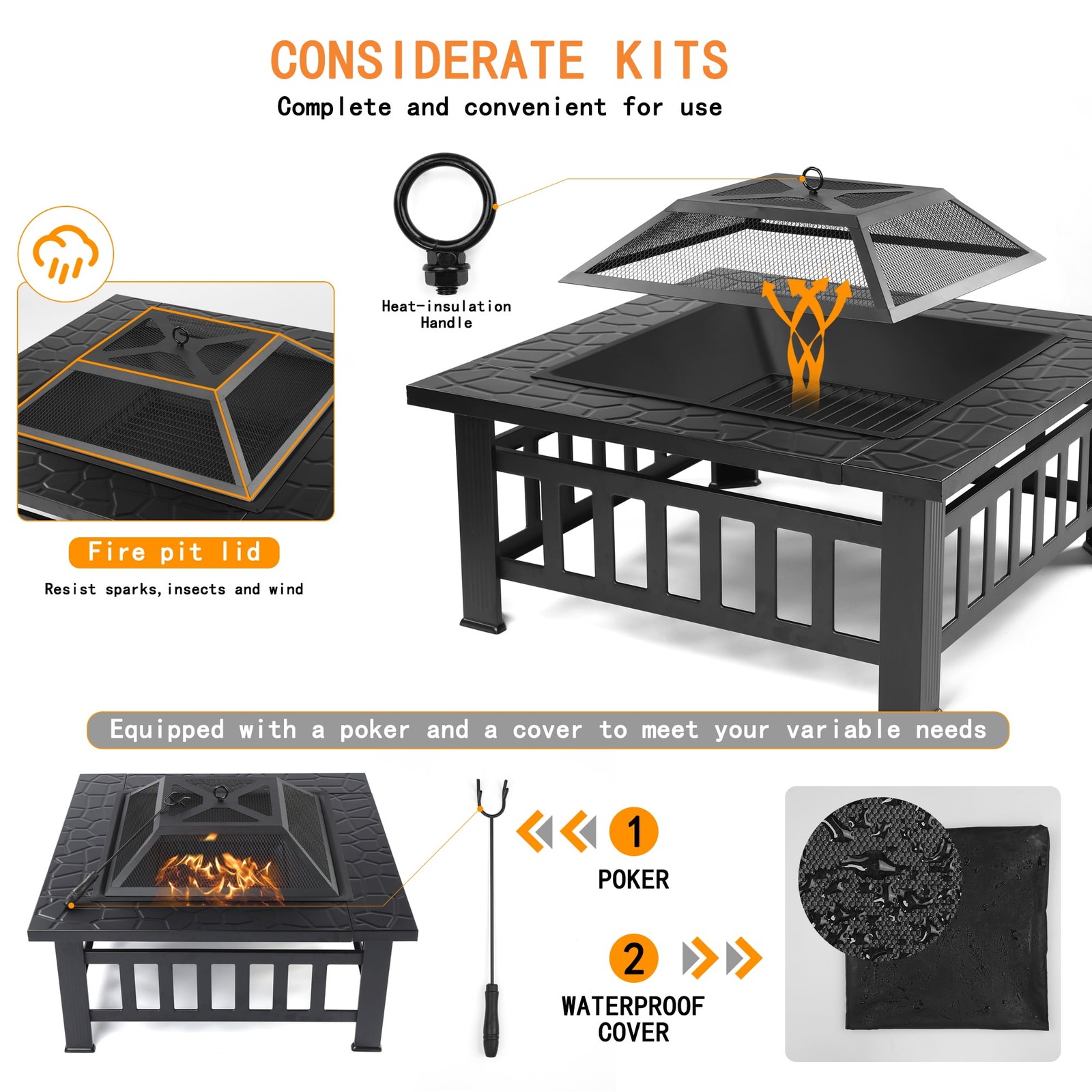 32" Outdoor Wood Burning Fire Pit Table with Accessories, Black