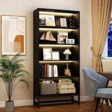 5 Tier Tall Bookcase with LED Lights, Black Display Cabinet, MDF Metal
