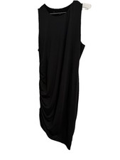Black Sleeveless Ruched Midi Sheath Dress Crew Neck Stretch Classic