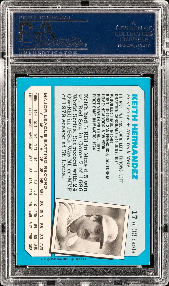 1987 KAYBEE SUPERSTARS OF BB #17 KEITH HERNANDEZ PSA 8 - Image 2 of 2