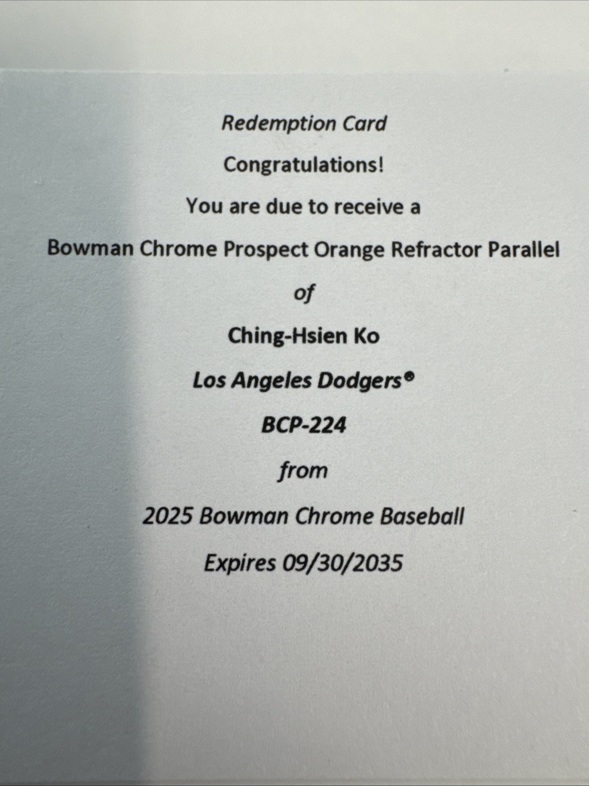 2025 Bowman Chrome Ching-Hsien Ko ORANGE /25 BCP-224 Dodgers Redemption